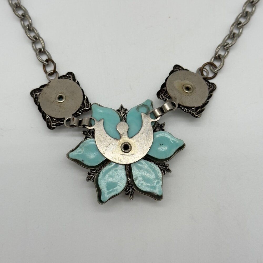 Vintage-Style Turquoise Resin Pendant Necklace With Silver-Tone Chain & Floral D - Picture 3 of 8
